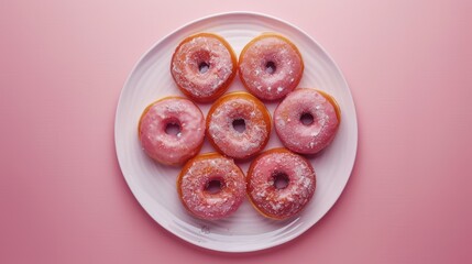 Rotating plate of freshly baked donuts from above