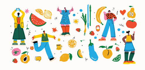 Set of Male and Female Characters with Healthy Food. People with Fruits and Vegetables Source of Energy and Health, Vegetarian Diet Isolated on White Background.