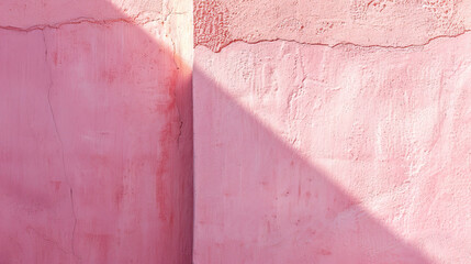 Macro photography, isolated, close-up, minimalist empty and blank texture banner background wallpaper of pink stucco adobe wall, sunny, bright, shadows