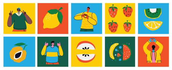 Obraz premium Set of Male and Female Characters with Healthy Food. People with Fruits and Vegetables Source of Energy and Health, Vegetarian Diet Isolated on White Background.