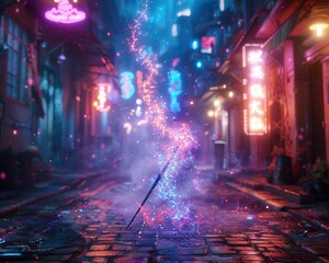 Crystal-tipped wand, shimmering aura, spellcaster in an urban alley with glowing neon signs, night-time, 3D render, Rembrandt lighting, Vignette effect