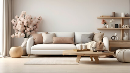 A modern living room featuring a white plush sofa, decorative pillows, and a wooden coffee table with chic decor