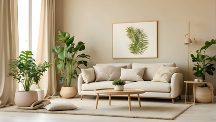 This warm living room features a modern sofa, wooden furniture, tropical plants, and a framed botanical print
