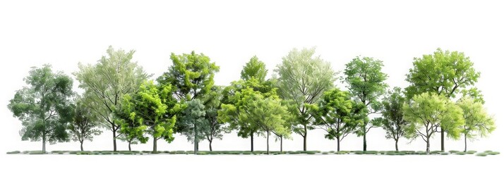 Green trees isolated on white background. Forest and foliage in summer. Row of trees and shrubs