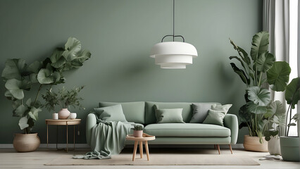 A serene interior shot of a living room with plush green sofa, matching plants and minimalist decor, exuding a calm atmosphere