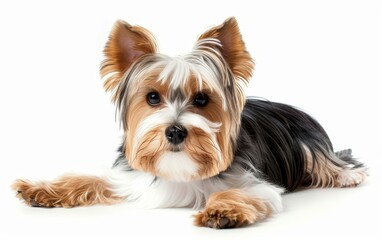 A Biewer Terrier dog lying down with a focused gaze, showcasing its tri-colored coat.