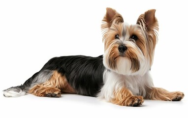 A Biewer Terrier dog lying down with a focused gaze, showcasing its tri-colored coat.
