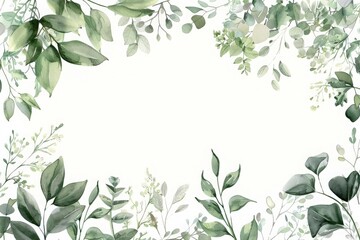 Herbal minimalist vector frame. Hand painted plants, branches, leaves on a white background. Greenery wedding simple invitation template. Watercolor style card. All elements are isolated and editable