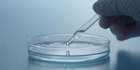 The scientific image shows a gloved hand with a pipette adding liquid to a petri dish, highlighting experimentation and research