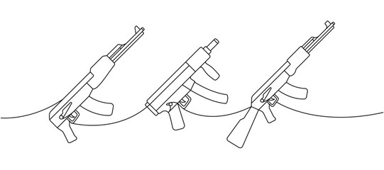 Set of tactical assault rifles one line continuous drawing. Various modern weapons continuous one line illustration. Vector linear illustration.