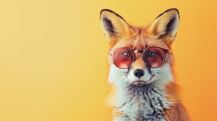 A fashionable fox with glasses on a yellow background. The animal is wearing sunglasses.