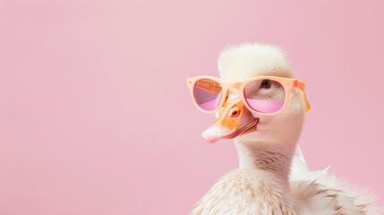 A fashionable duck with glasses on a pink background. The animal is wearing sunglasses.