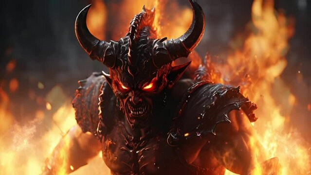 demon warrior on fire video animation, seamless Animation video background in 4K Resolution