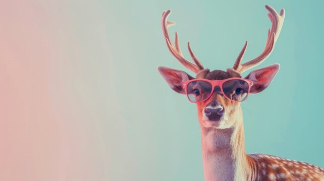 A fashionable deer with glasses on a bblue background. The animal is wearing sunglasses.