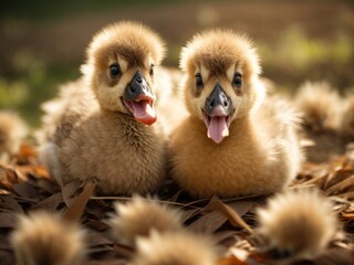 Obraz premium A baby Goose gets a mouthful of downy feathers