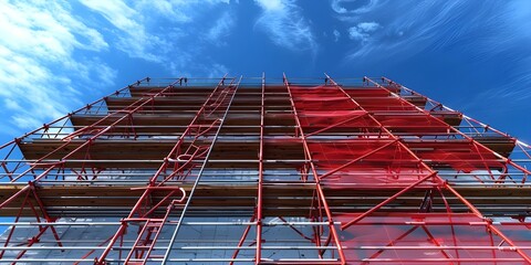 Renovation work on a building with scaffolding and red lights for safety.