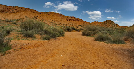 Northern Kyrgyzstan. Picturesque views of the famous Skazka Canyon (, the clay mountain peaks of...