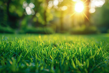 Sunlit green lawn with lush trees in the park