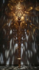 Golden Scepter, Precious Relic, Carrying Centuries of Legacy, Displayed in a Magnificent Museum, Under Soft Spotlight, Creating Dramatic Shadows, Photography, Backlights