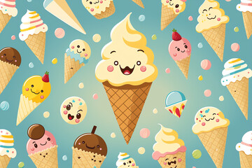 Collection of ice cream cones with adorable expressive faces