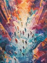 Illustrate the dawn of empathy from a unique perspective, using a high-angle view to depict a world where understanding and kindness prevail Show various individuals from different backgrounds