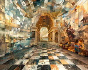 Imagine a digital mosaic revealing layers of history and innovation in a virtual time capsule Show the evolution through a captivating long shot