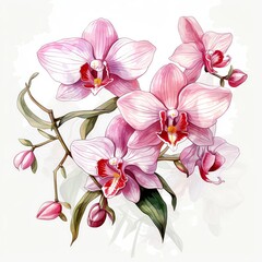 A watercolor painting of pink orchids on a white background.