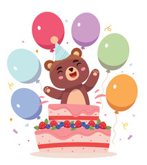 Bear jumps out of the cake.