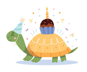 Cartoon turtle with cake celebrates birthday.Funny character for childish birthday