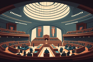 Conference room. Politicians assembly meeting. Government building interior