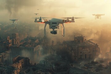 Naklejka premium A drone flies over aged buildings bathed in sunlight amidst a hazy, apocalyptic atmosphere