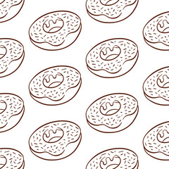 Donut seamless pattern with icing in line art style. Simple cupcake hand drawn design for wallpaper, bakery and cafe menu. Vector illustration on a white background.