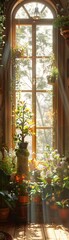 In a cozy sunlit room, a whimsical planter shaped like a castle grows vibrant flowers and towering aspirations Realistic image, sunlight filtering through the window