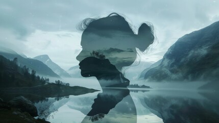 Double exposure: wide shot silhouette of a Scandinavian woman against the backdrop of the Norwegian fjords. photorealistic, sunset light