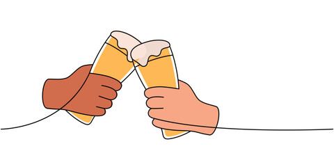 Hands holding beer mugs one line colored continuous drawing. Beer pub products, cheers continuous one line illustration. Vector linear illustration.