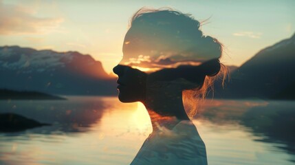 Double exposure: wide shot silhouette of a Scandinavian woman against the backdrop of the Norwegian fjords. photorealistic, sunset light