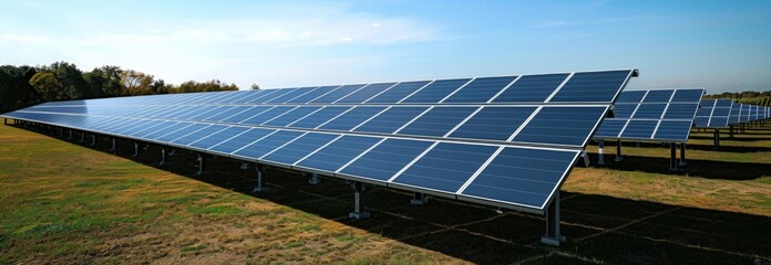solar panels in field at photovoltaic power station, depicting green energy.