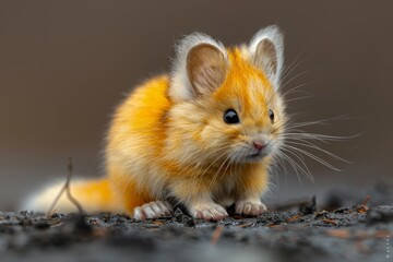 An enchanting image of a hamster with unique yellow fur, seemingly lost in thought amidst a natural backdrop