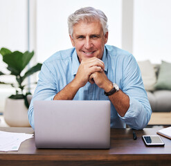 Laptop, home office and portrait of mature man at desk for remote work, online investment or...