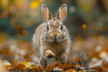 Fototapeta premium Energetic rabbit caught in mid-action leap amongst the vivid autumn leaves showcasing nature's dynamism
