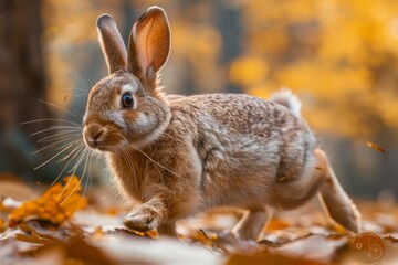 Fototapeta premium A serene image of a rabbit surrounded by autumn leaves, symbolizing change and the cycle of nature