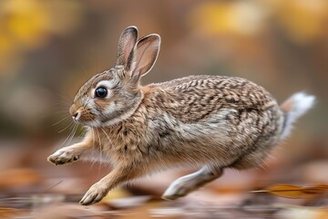 Fototapeta premium Dynamic image of a wild rabbit sprinting with sharp focus, highlighting the agility of wildlife