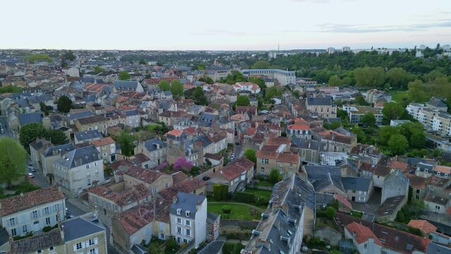 Modern neighborhood of Poitiers city, France. Aerial forward and cityscape