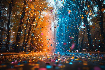 Naklejka premium Confetti pours over a cityscape at night creating a moody and celebratory atmosphere