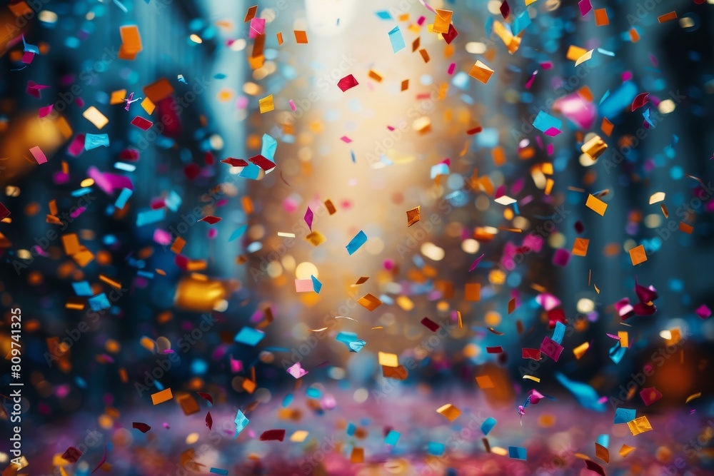Wall mural an image capturing a burst of colorful confetti with a bokeh effect that symbolizes celebration and 