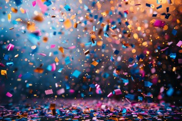 An atmosphere of festivity is palpable as confetti falls gently against a backdrop rich with bokeh