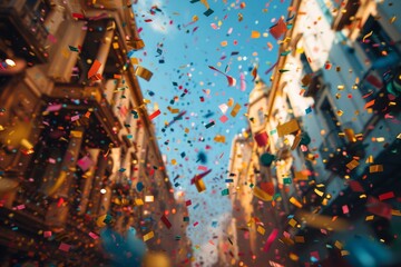 This image shows a shower of confetti falling down between buildings, lending a festive atmosphere to an urban environment - Powered by Adobe