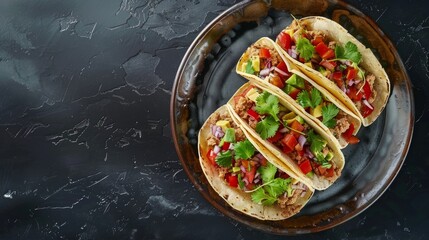 Top-down shot of a spinning plate of tacos with copy space
