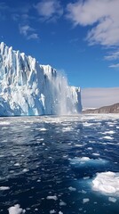 Towering icebergs calving into icy waters