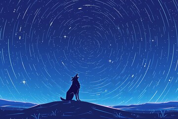 Artistic illustration of a lone wolf howling on a hill under a mesmerizing time-lapse of a starry night sky.